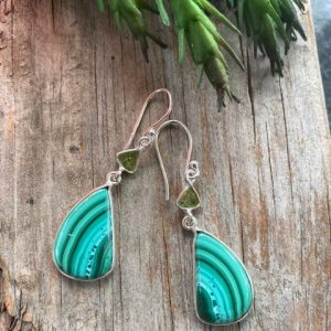 Malachite unique teardrop earrings with Peridot
